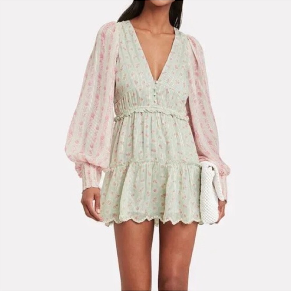 HEMANT & NANDITA Pastel Mint and Pink V-Neck Long Sleeve Mini Dress Size M